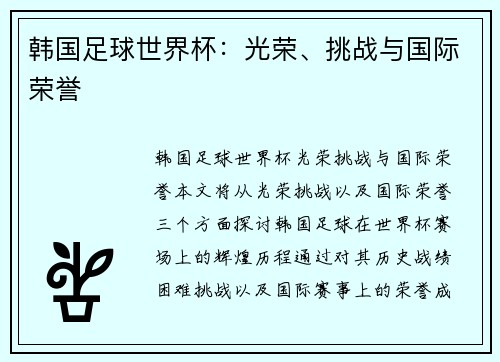 韩国足球世界杯：光荣、挑战与国际荣誉